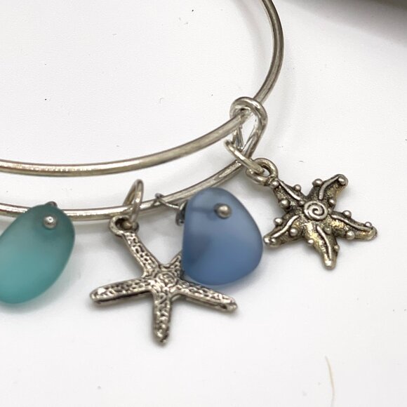 Adjustable Sea Glass and Starfish Silver Bracelet - Picture 2 of 5
